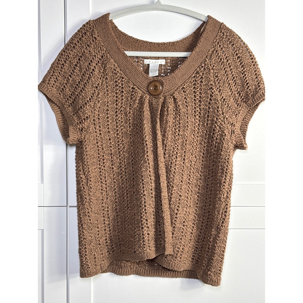 Tweeds Brown Crochet Knit Button Front Short Sleeve Top Women Size L